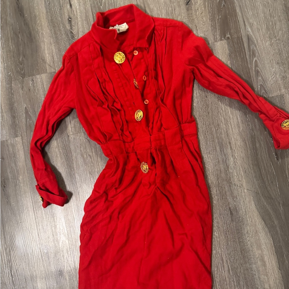 CHANEL Red Long Sleeve Dress with Gold Buttons